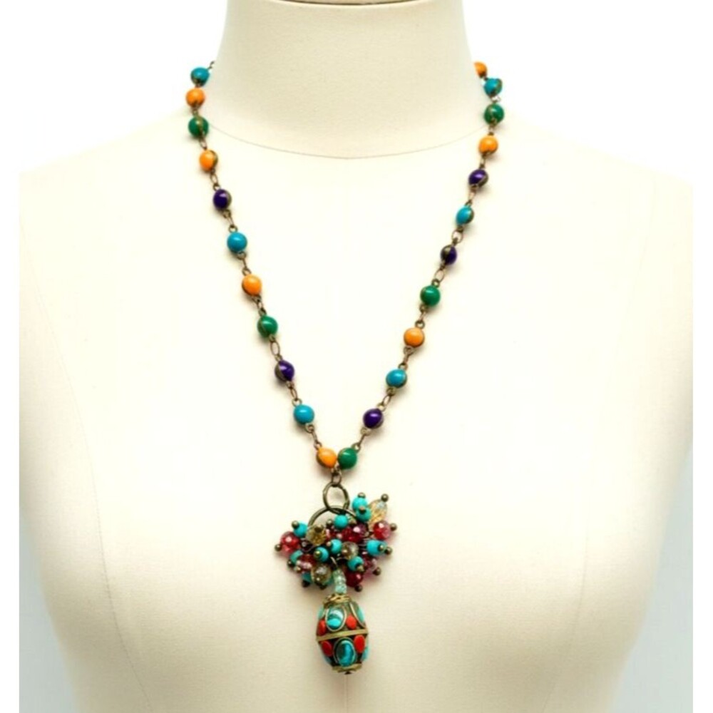 Boho Enamel Rosary Chain Multi Color Crystal Cluster Faux Turquoise Egg Necklace